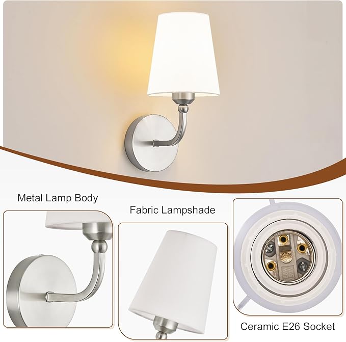 Modern Bathroom Vanity Light, Brushed Nickel Bathroom Light Fixtures, Set of 2 Lighting Fixtures Over Mirror, Modern Wall Sconce with Flared White Fabric Shade, E26 Socket(ETL Listed)