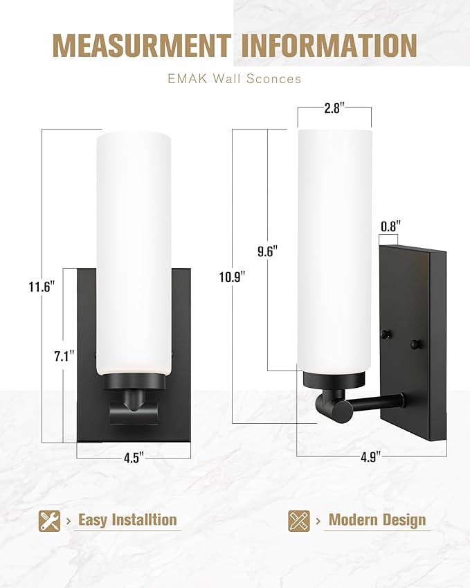 Emak Black Sconces Set of 2, Modern Wall Lights with Milk Glass Shade, Farmhouse Vanity Lights for Bathroom, Living Room, Bedroom, Gallery, WS086-BK-ML-2PK