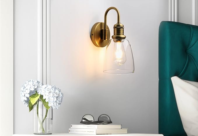 1-Light Vintage U-Shaped Wall Sconce Lamp with Cloche Clear Glass Shade, Industrial Indoor Wall Light Fixture for Bathroom Living Room Bedroom Over Kitchen Sink