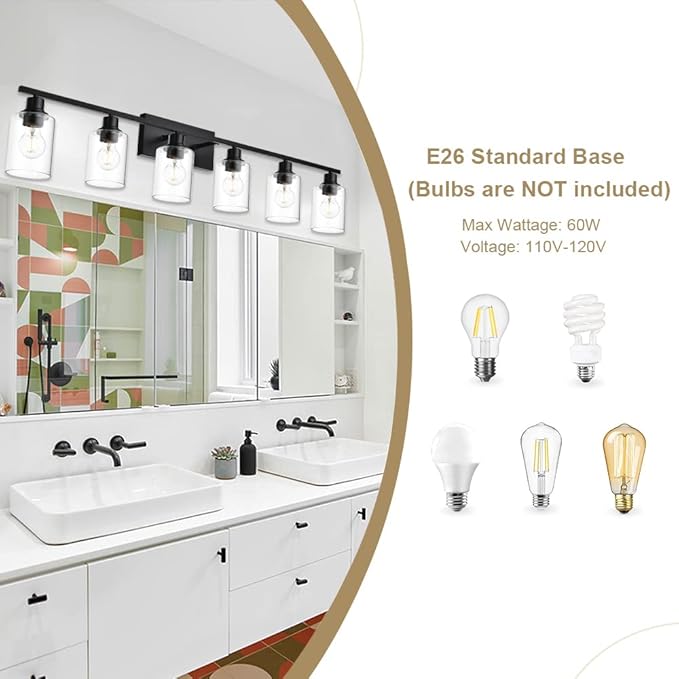 VINLUZ Bathroom Vanity Light Fixtures,6 Light Matte Black Modern Metal Base Wall Sconce Lighting with Clear Glass Shade Wall Mounted Lamp for Mirror