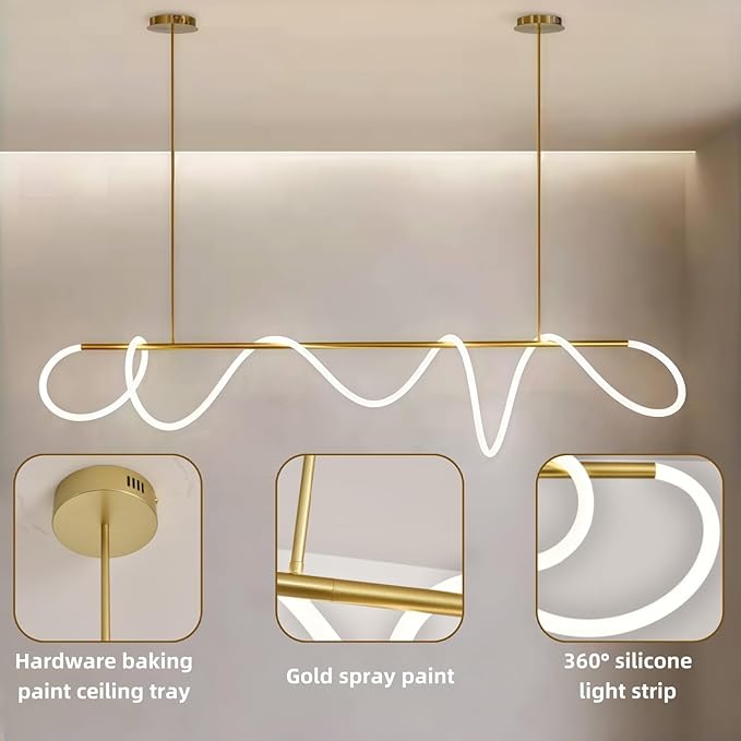 47" Pendant Lights Kitchen Island, 21W LED Dimmable Chandelier with Remote Control, Aluminum Linear Hanging Light Fixture for Dining Room Kitchen Island Bar (Gold, 47 in)