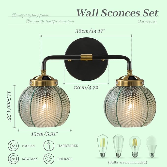2 Light Black Bathroom Vanity Light Vintage Wall Sconce Glass Wall Sconce Light Wall lamp with Ribbed Green Glass Shade mid Century Bathroom Vanity Light Over Mirror for Bedroom Hallway Living Room