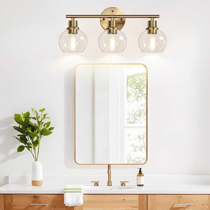 Indoi 3-Light Bathroom Light Fixtures, Brushed Brass Bathroom Lights Over Mirror with Clear Glass Globe Shade, Vanity Lights for Bathroom Kitchen Living Room Hallway Cabinet Bedroom Porch