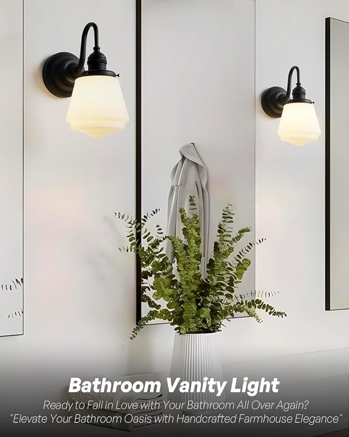 Black Wall Sconce Vintage Farmhouse Bathroom Vanity Light with Frosted Milk White Class Hardwire Sconce Indoor Wall Lamp Light Fixture for Bathroom Mirror Living Room Bedroom Kitchen
