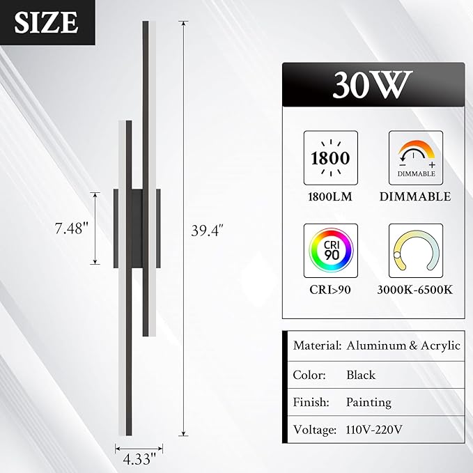 LED Wall Sconce Black Modern Remote Wall Light Fixtures for Living Room, Dimmable LED Vanity Light Indoor Remote Wall Sconce for Bedside Bedroom Bathroom Dining Room, 39.4inch 1 Pack