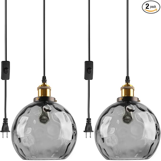 Smoke Glass Pendant Lighting with Plug in Cord, Mid Century Modern Hanging Ceiling Light Fixture Plug in Hammered Globe Hanging Pendant Lamp for Kitchen Island Dining Room Living Room (2 Pack)