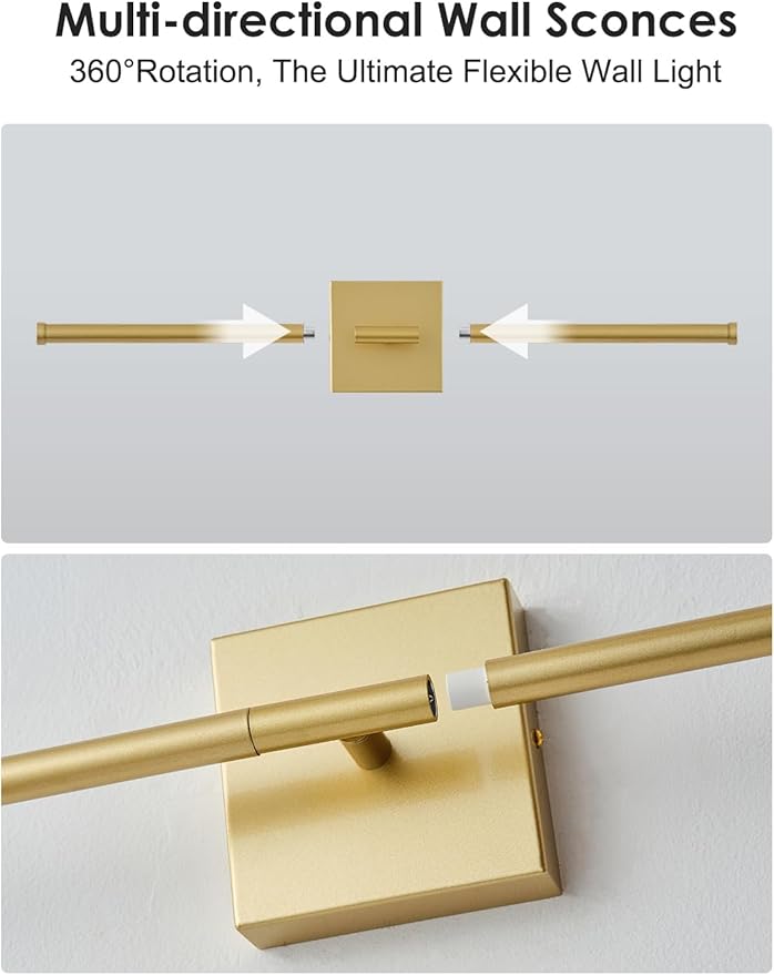 KARTOOSH 27.8 Inch Hardwired Wall Sconces Set of Two, 3000K Warm White Dimmable Modern Wall Sconces, 350° Rotate LED Light Fixtures Wall Lamp for Bathroom Living Room Bedroom Bedside, Gold