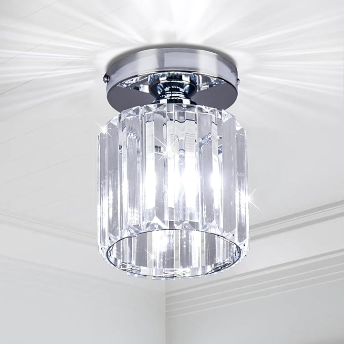 FRIXCHUR Small Chandelier Crystal Ceiling Light Semi Flush Mount Ceiling Lighting Fixture Modern Crystal Ceiling Light for Hallway Kitchen Island Dining Room Bedroom E26 Base Chrome