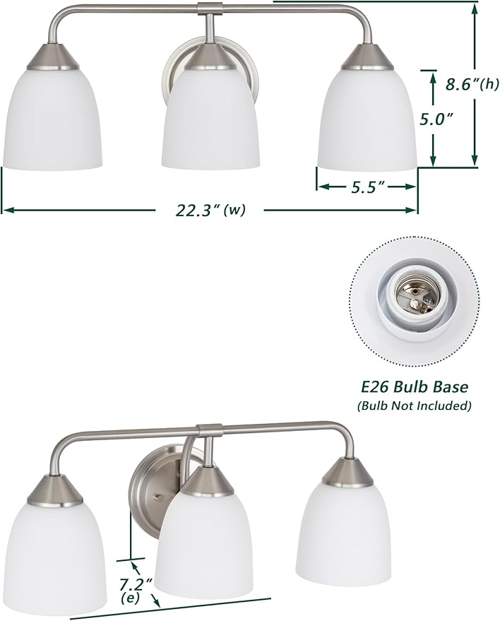 3-Light Traditional Bathroom Vanity Light Fixtures Over Mirror, Modern Vanity Lights for Living Room, Standard E26 Base, Brushed Nickel