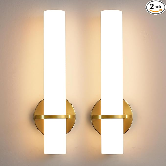 AIJIASI Wall Sconces - 15 inch Gold Wall Sconces Set of Two Modern Bathroom Sconce 15W Dimmable LED Wall Sconce Light with Acrylic Lampshade, Bathroom Vanity Light for Mirror Living Room Hallway 3000K