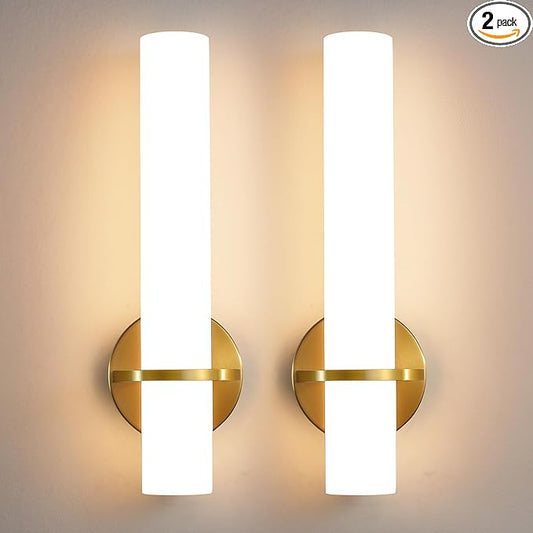 AIJIASI Wall Sconces - 15 inch Gold Wall Sconces Set of Two Modern Bathroom Sconce 15W Dimmable LED Wall Sconce Light with Acrylic Lampshade, Bathroom Vanity Light for Mirror Living Room Hallway 3000K