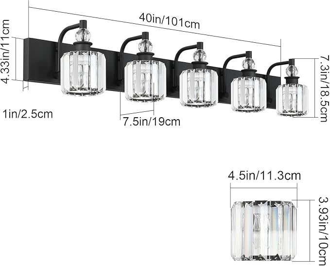 Ralbay Crystal Black Vanity Light Fixtures 5 Light Crystal Bathroom Light Fixtures Over Long Mirror Modern Matte Black Bath Wall Lights