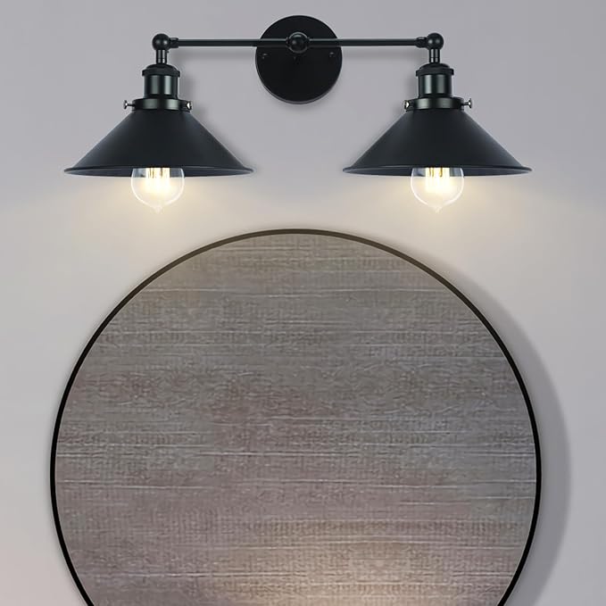 2 Lights Bathroom Vanity Light Fixture, Industrial Pipe Vintage Matte Black Metal Shade Farmhouse Wall Sconces Lighting