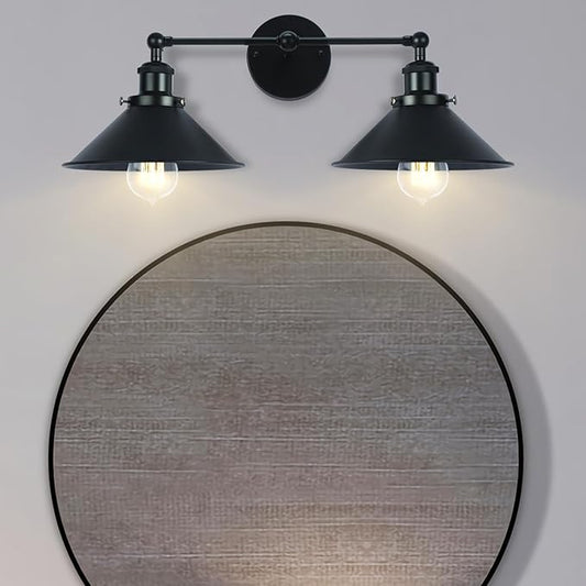 2 Lights Bathroom Vanity Light Fixture, Industrial Pipe Vintage Matte Black Metal Shade Farmhouse Wall Sconces Lighting