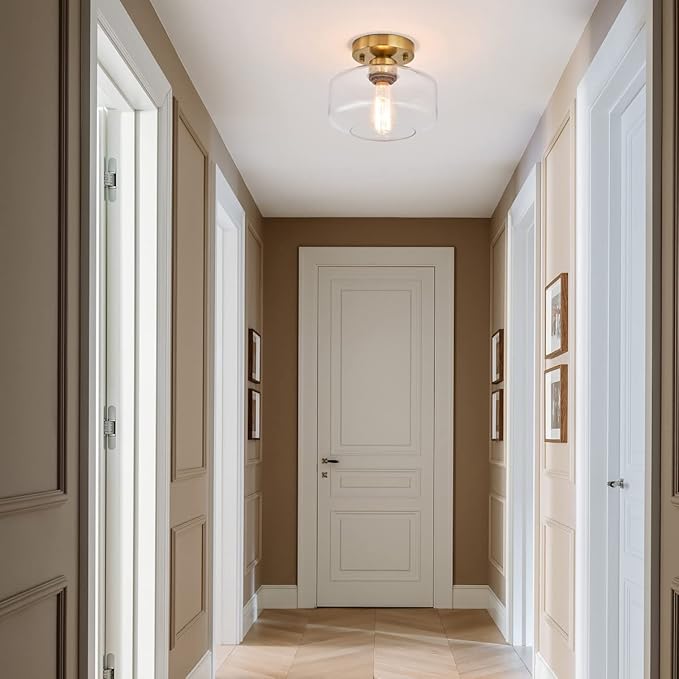 BISAMIYA Modern Gold Ceiling Light Fixture, Brass Finish Semi Flush Mount Ceiling Light with 8.66" Clear Glass Shade for Kitchen, Hallway, Entryway, Cafe