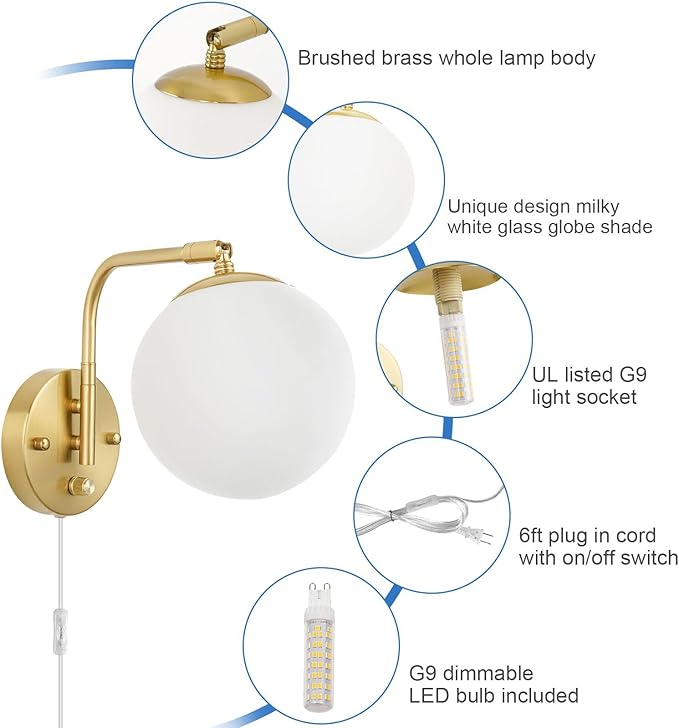 VATONI Dimmable Wall Sconces Plug in, Swing Arm Wall Lights with Plug in Cord and Dimmer On/Off Knob Switch, Dimmable Wall Light with Milky White Glass Globe Shade(2 Bulbs Included)