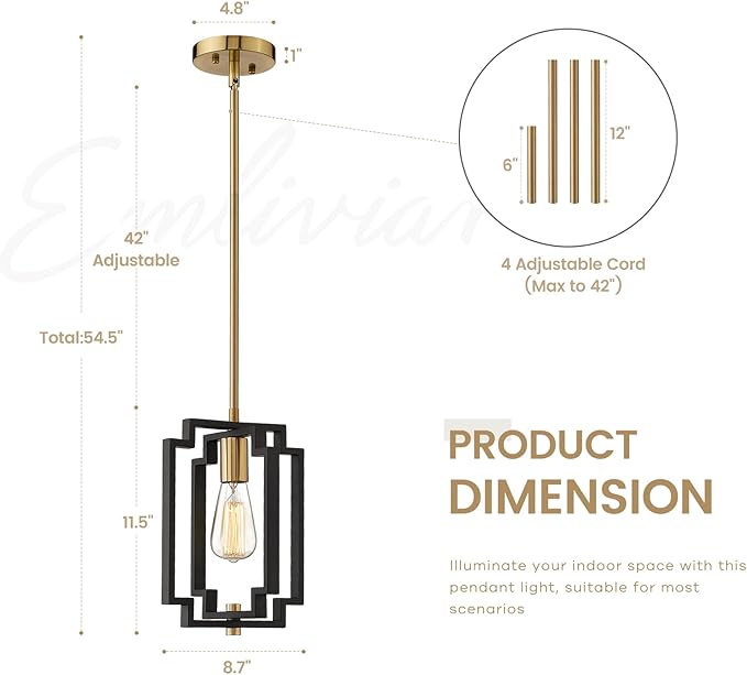 Emliviar Industrial Pendant Light, 1-Light Kitchen Hanging Light Fixture Adjustable, Black and Gold Finish, JE1981M1L BK+G