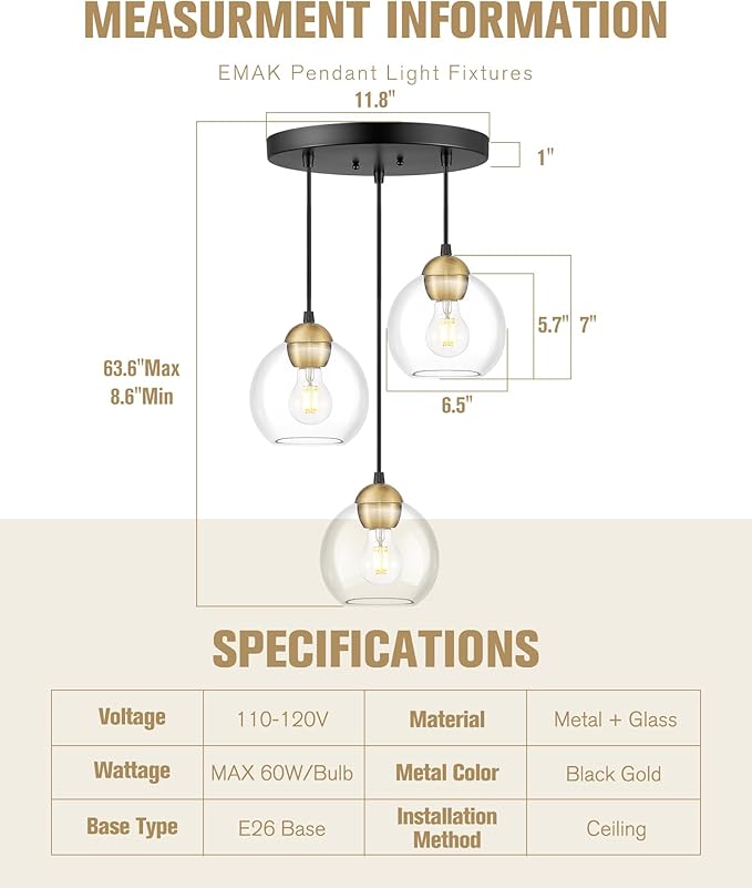Emak Black and Gold Pendant Lights Kitchen Island, 3-Light Pendant Light with 7 Inch Globe Glass Shade, Modern Farmhouse Cluster Kitchen Island Lighting for Dining Room, Bathroom, PL119-BKBGD-CG-CL