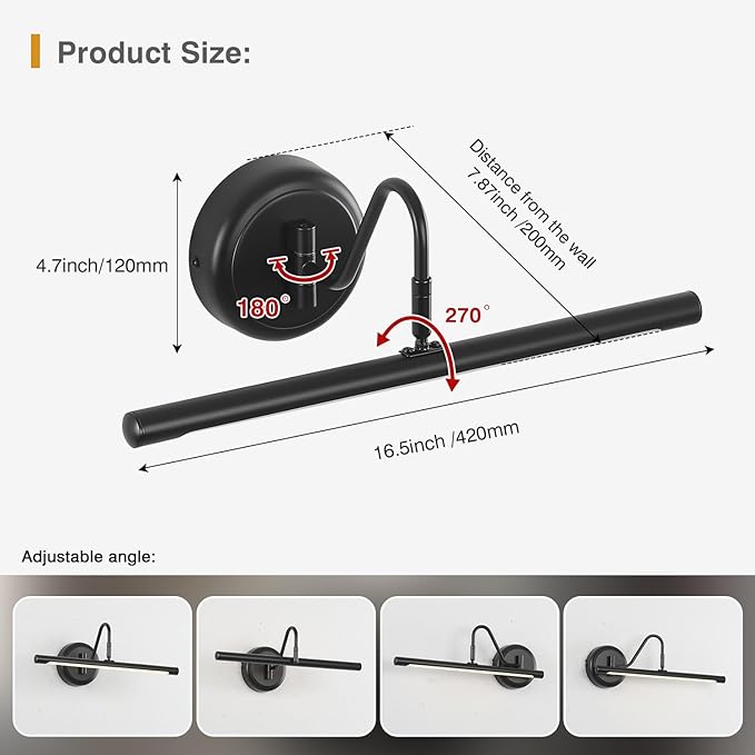 JOOSENLUX LED Picture Light Hardwired Matte Black Modern Picture Lights for Paintings 16.54'' Inch Long Swing Arm Metal Art Lights Warm White 3000K