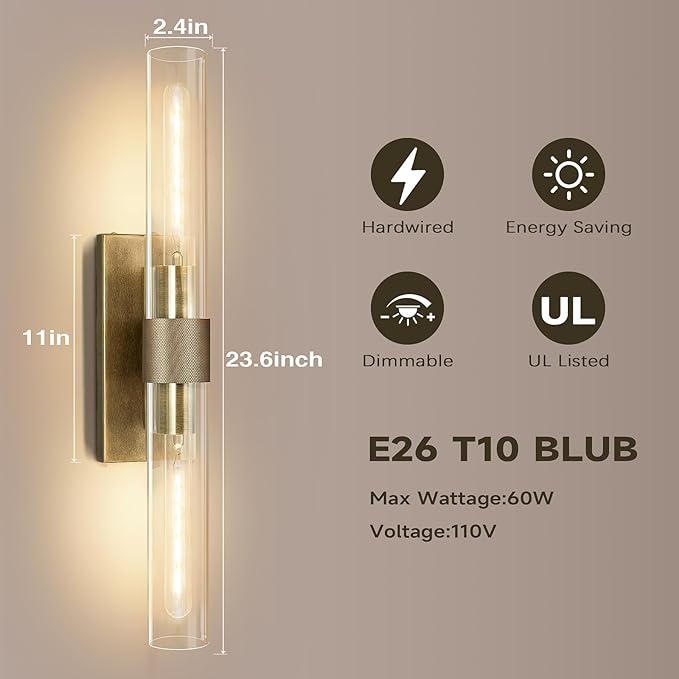 Wall Sconces Set of Two, Gold Bathroom Sconces Wall Lighting with Clear Glass, Modern Sconces Wall Decor Light Fixtures for Bathroom Mirror Living Room Hallway Bedroom