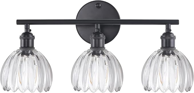 Shenmoyl Bathroom Light Fixtures, 3-Light Black Vanity wall Light Over Mirror with Clear Tulip Glass Shade for Bedroom Living Room (Bulb Not Included)