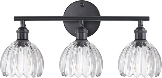 Shenmoyl Bathroom Light Fixtures, 3-Light Black Vanity wall Light Over Mirror with Clear Tulip Glass Shade for Bedroom Living Room (Bulb Not Included)