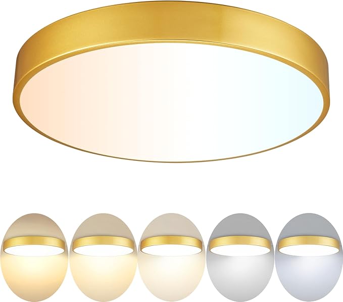 Gold LED Ceiling Light Fixture Flush Mount 15 inch 36W, Dimmable Light Fixtures Ceiling Mount LED, Modern Kitchen Lighting Fixtures for Bedroom, Bathroom, Living Room