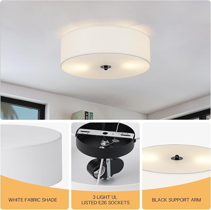 Flush Mount Ceiling Light Fixture, 13" Close to Ceiling Light with White Fabric Linen Drum Shade, 2-Light Modern Round Ceiling Light for Bedroom Hallway Dining Kitchen