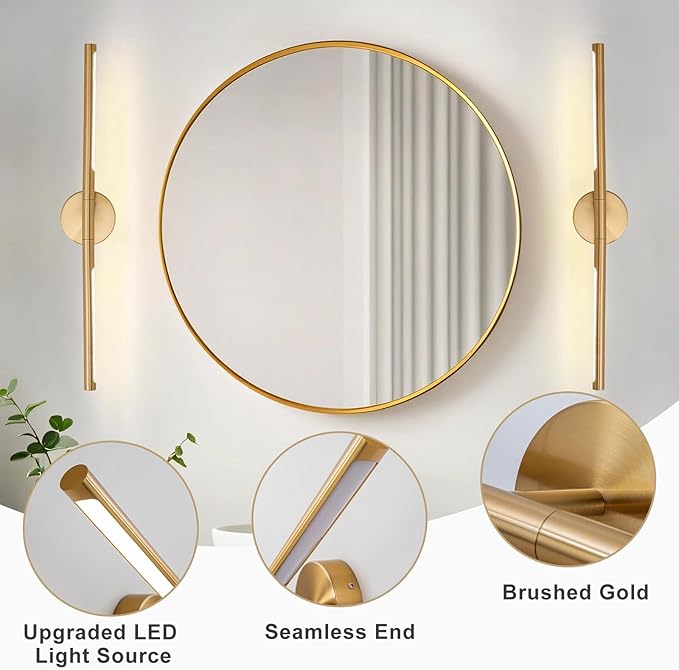 Gold Bathroom Light Fixtures Over Mirror 30 Inch, 20W 360° Rotatable Dimmable 4000K Led Vanity Light Bar, Brushed Gold Bathroom Vanity Lights Above Mirror
