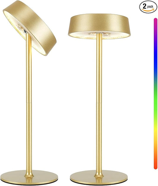 Cordless Lamp, Rechargeable Table Lamp, Battery Operated, RGB Dimmable Touch Control, 3 Color Temperatures, LED Memory Function, Portable Outdoor Waterproof, Restaurant Dining Patio Kitchen, Gold 2Pcs