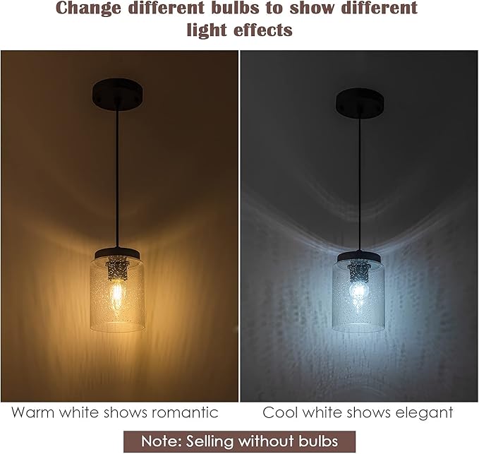 Industrial Mini Pendant Light Modern Bubble Seeded Glass Hanging Lighting Cylinder Adjustable Cord for Kitchen Island Dining Table Over Sink, Black, 1 Pack