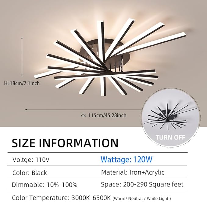 JAYMP 9 Lights Linear Modern Ceiling Lamp 45.3 inch Dimmable Led Semi Flush Mount Black Ceiling Light Fixture for Bedroom Dining Room Kitchen Island Living Room