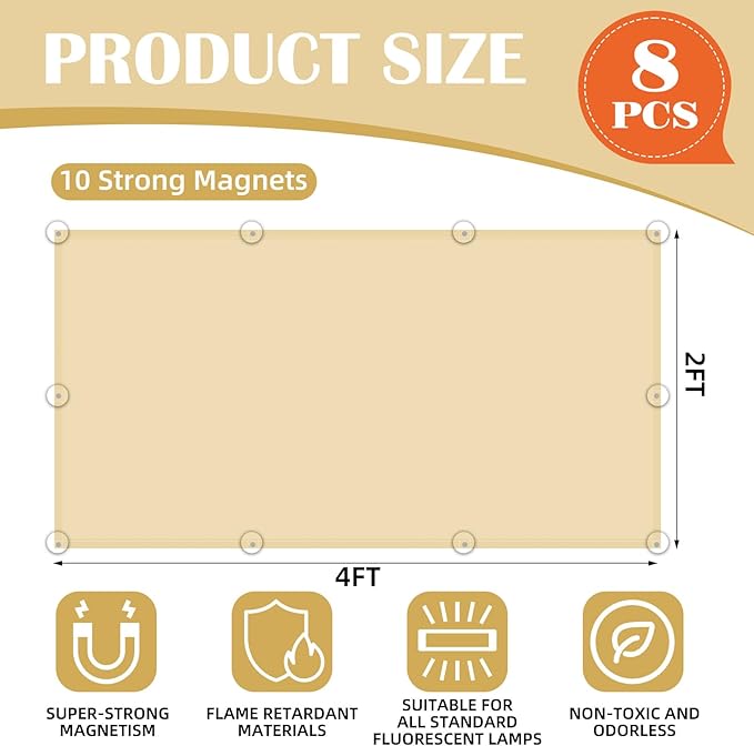 ANGSYLTH 8 Pcs Fluorescent Light Covers - 4 x 2 Feet Covers for Ceiling Lights, 8 x 10 Magnetic Light Filters for Classroom, Office, Hospitals