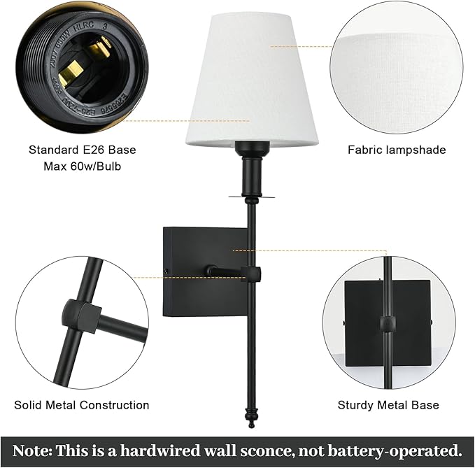 Bsmathom Wall Sconces Sets of 2, Rustic Industrial Wall Lamps, Hardwired Column Stand Sconces Wall Lighting, Bathroom Vanity Light Fixture with Fabric Shade for Bedroom Living Room Kitchen, Black