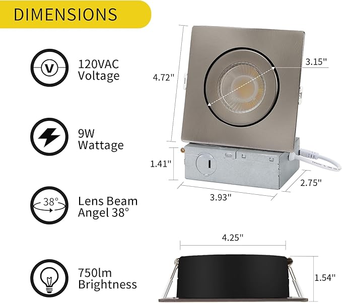 KnLnny Ware Brushed Nickel Square Recessed Lights 4 inch 6 Pack,Gimbal Recessed Lights with Junction Box,dimmable, 5CCT Selectable,9W 750LM