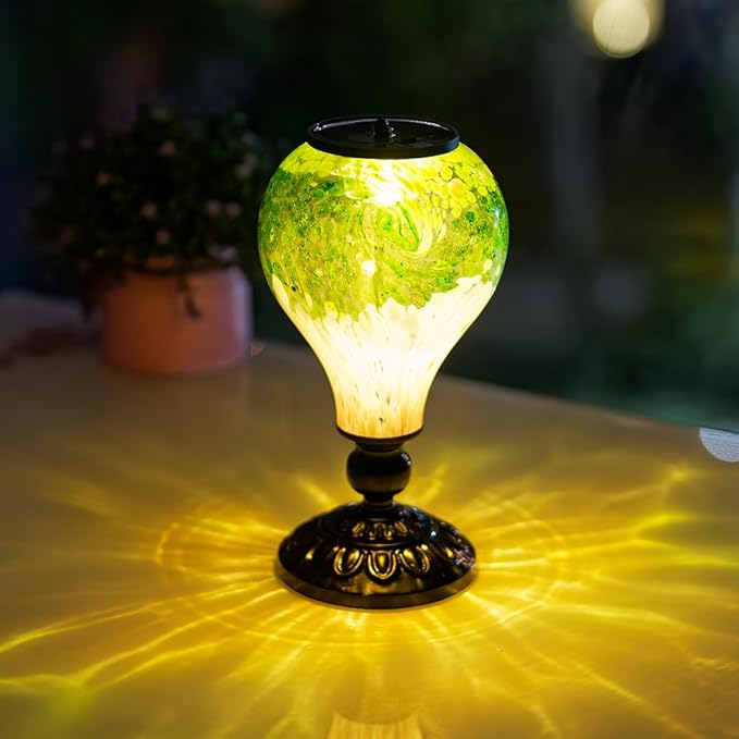 Outdoor Table Lamp Waterproof Glass Table Lamp 9.8" H Hot Air Balloon Solar Lamps Led Garden Lights for Patio Desk Garden Yard Tabletop Decor Ideal Gifts(Green)