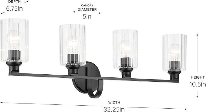 Kichler Gioe 4-Light Bathroom Vanity Light Fixture with Clear Fluted Glass in Black, Modern Wall Mount Over Mirror Lighting for Powder Room (32.25 x 10.5 x 6.75 in), 55227BKFLU