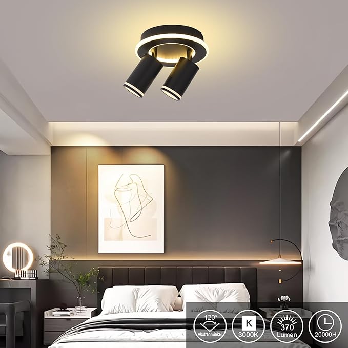 LED 2 Light Track Lighting Kit, Black Round Ceiling Spot Lighting Fixture with Flexibly Rotatable Heads, Modern Spotlight for Kitchen, Living Room, Bedroom, Dual Lighting Design,Includes 2 x GU10 Bulb