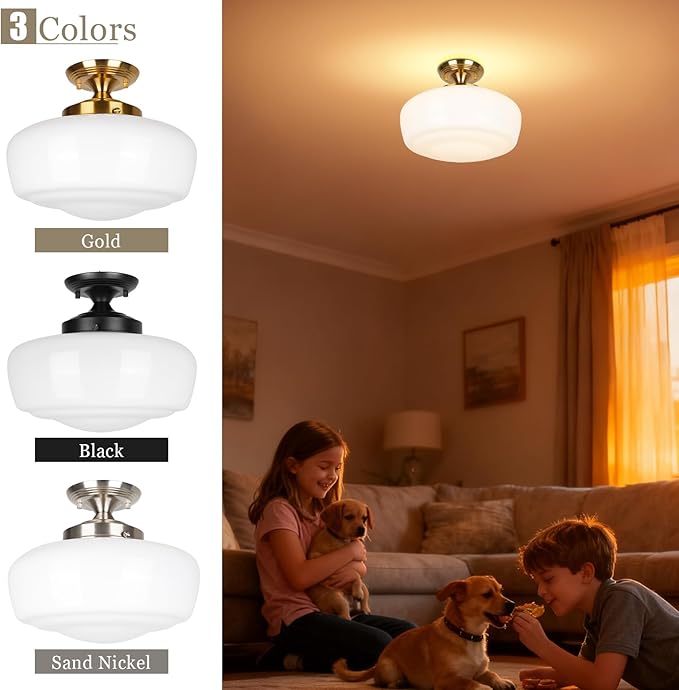 Large Schoolhouse Style Semi Flush Mount Ceiling Light Fixture, 14" Modern Gold Hallway Ceiling Lamp with Opal Milk Glass Shade Brass, Farmhouse Globe Light for Bedroom Kitchen Hallway Entryway