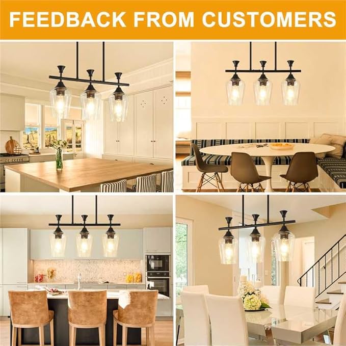 21.2" Dining Room Light Fixture/Chandelier Over Table, 3-Light Matte Black Kitchen Island Lighting with Clear Glass Shade, Modern Hanging Pendant Lights Fixture for Kitchen Island, Dining Room, Bar