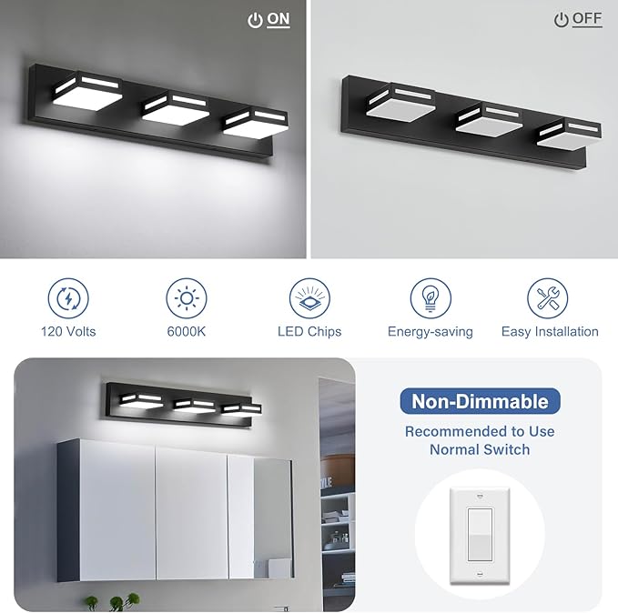 LED Modern Bathroom Light Fixtures, 3-Light 24-Inch Matte Black Vanity Lights for Bathroom Lighting Fixtures Over Mirror, 6000K Cool White 350° Rotatable Wall Lamp