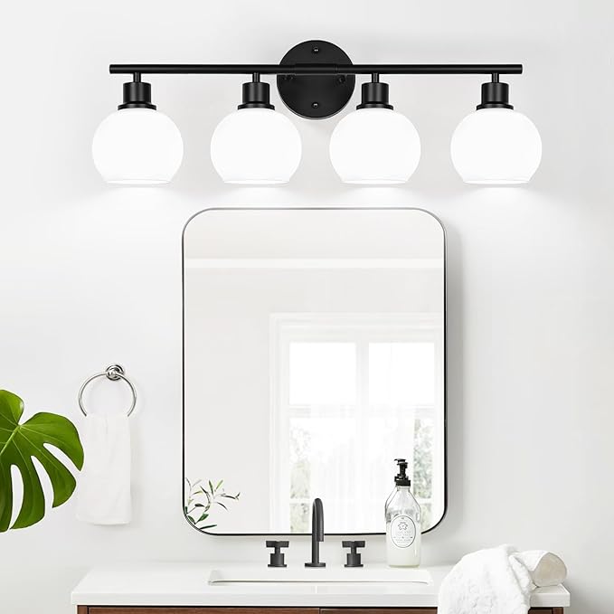 Indoi 4-Light Bathroom Light Fixtures, Black Bathroom Lights Over Mirror with Milky White Frosted Glass Globe Shade, Vanity Lights for Bathroom Kitchen Living Room Hallway Cabinet Bedroom Porch