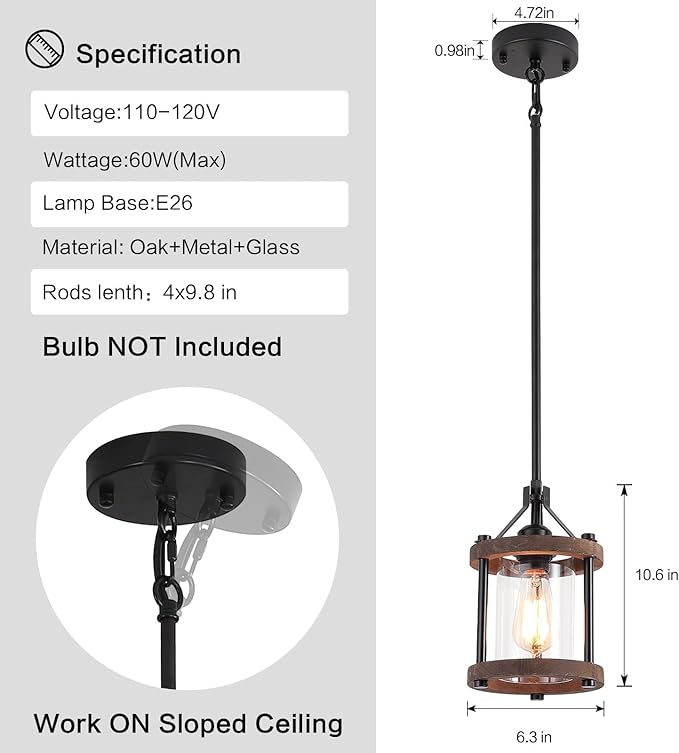 SGLfarmty Farmhouse Pendant Light for Kitchen Island, Rustic Black and Wood Light Fixtures with Glass Shade, Blown Pendant Lamps Over Table, Farmhouse Hanging Light for Dining Room, Sink, Bar, 1 Pack
