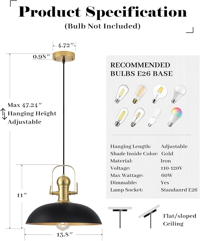 Black and Gold Pendant Lights 2 Pack, 13.8 Inch Black Farmhouse Pendant Light, Industrial Pendant Light Kitchen Island, Island Pendant Lights for Kitchen Barn Hallway Porch Dining Room