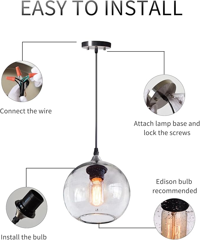 ARIAMOTION Globe Pendant Lights Kitchen Island 3 Pack Hand Blown Glass Modern Rustic Lighting Clear Seeded Bubbles Dining Room Table Coffee Bar Counter Brushed Nickel Lamp 7.4 Inch Diam