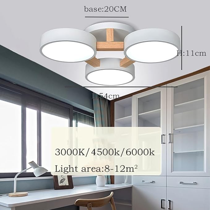 LED Ceiling Light Fixture,21 Inch 3-Lights Modern Ceiling Lights Flush Mount Wooden 33W Chandelier for Living Room Bedroom Kitchen,Dimmable 3000K/4000K/6000K Temperatures Selectable, White