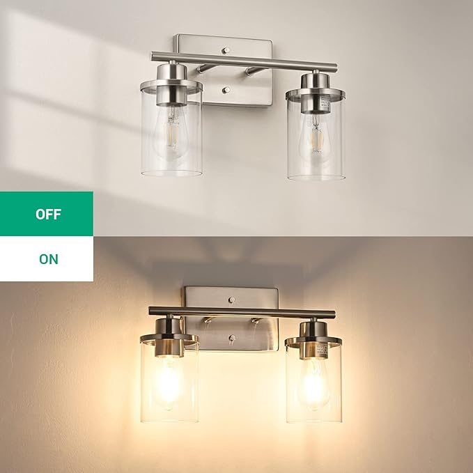 EDISHINE Vanity Light Fixtures, 2 Light Bathroom Vanity Light Fixtures Brushed Nickel, Modern Wall Sconces for Bathroom, Powder Room, Bedroom, Kitchen (E26 Base)
