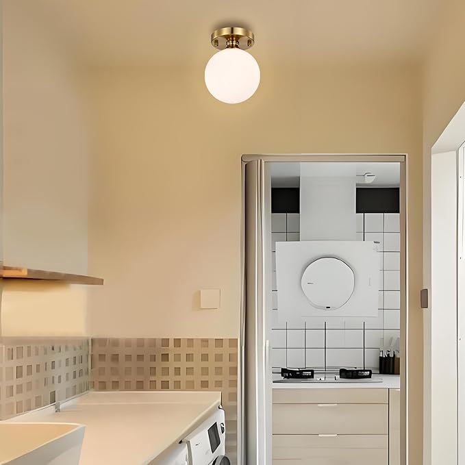 Gold Semi Flush Mount Ceiling Light 5.9" Globe Opal Glass Shade Mid-Century Modern Hallway Light Fixture for Entryway Closet Bathroom Bedroom Laundry Room Easy Install