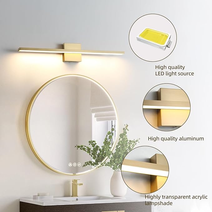 Gold Bathroom Light Fixtures Over Mirror, 32 Inch Brass Bathroom Vanity Light, LED Modern Wall Sconce 3000K Bar Vanity Lights