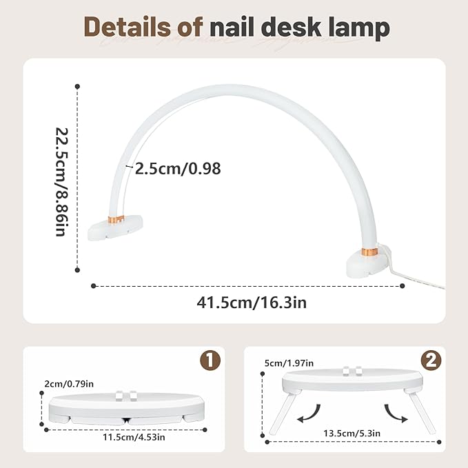 BZJ 16 inch Half Moon Light for Nail Desk Portable Nail Light with Liftable Base Desk Lamp No Flicker & Shadow for Desk Salon Table Use, 3 Color Temperature